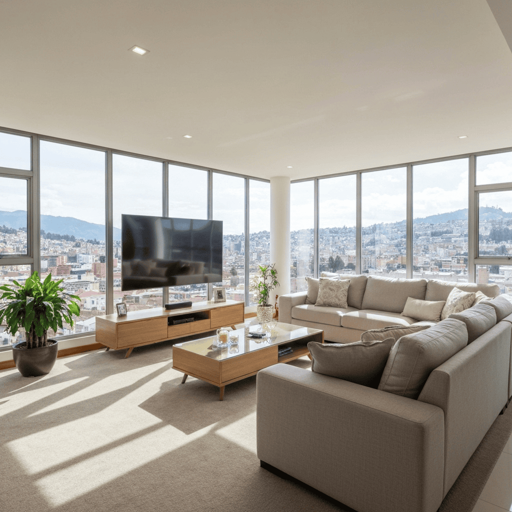 Modern apartment living room with city view in Cuenca.