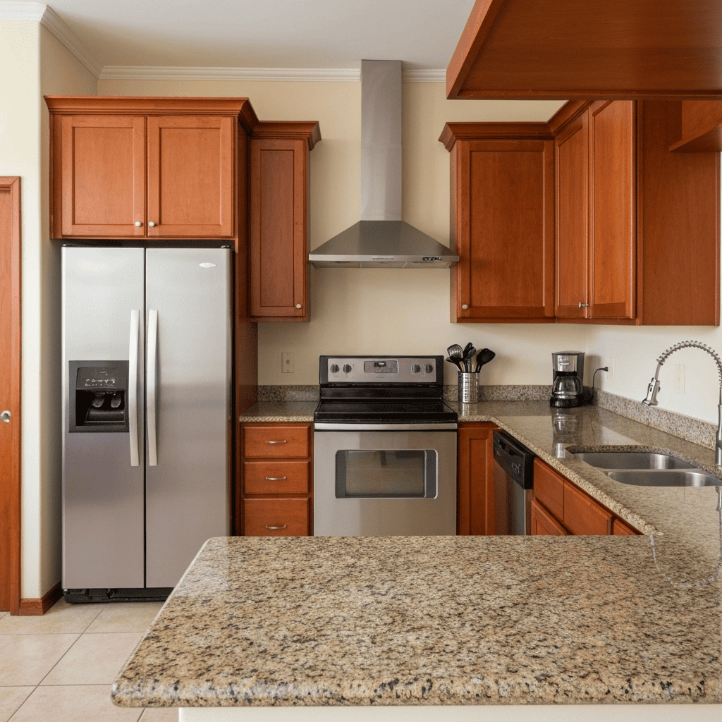 Close-up of a granite kitchen countertop and quality finishes.