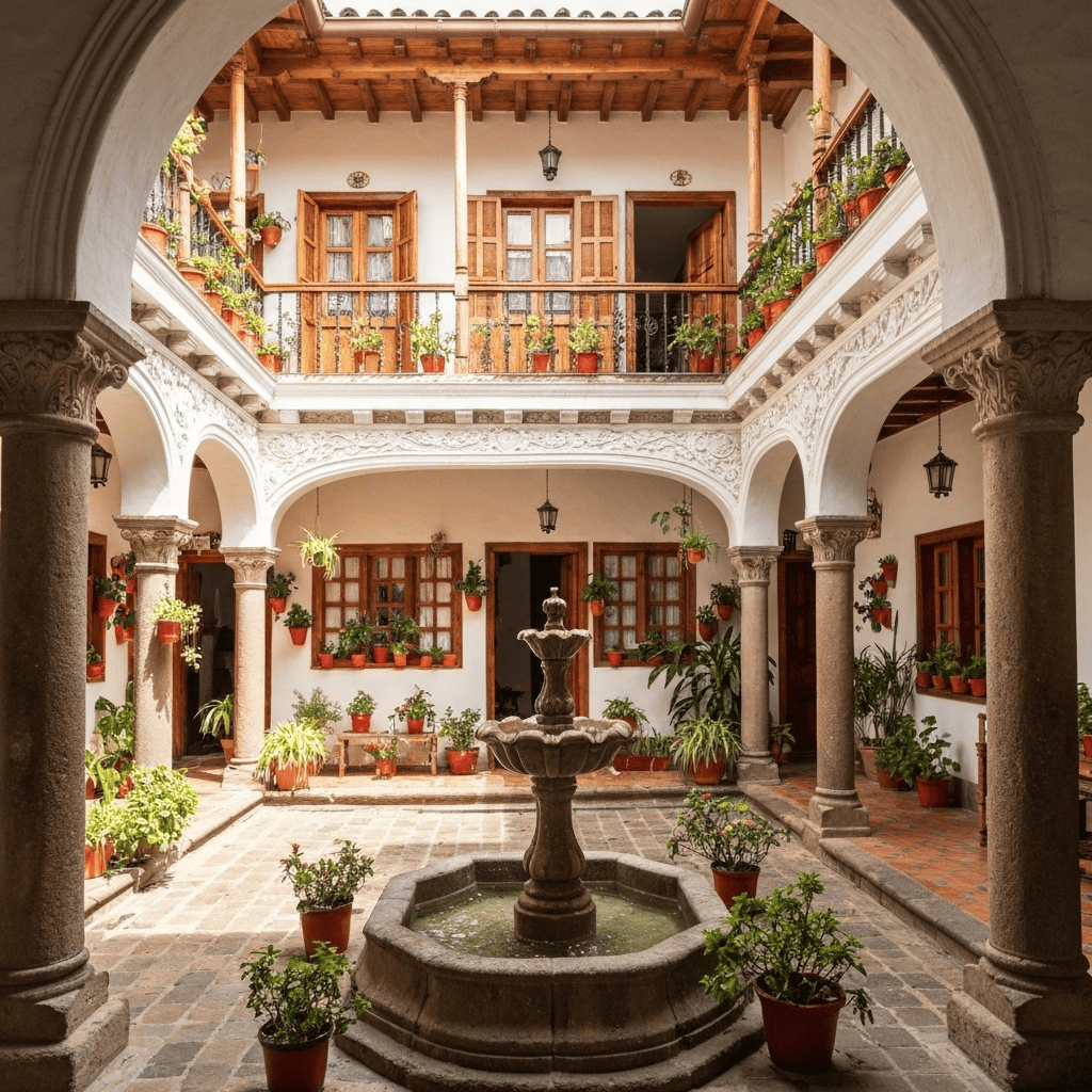 Traditional Cuenca home courtyard and garden area.