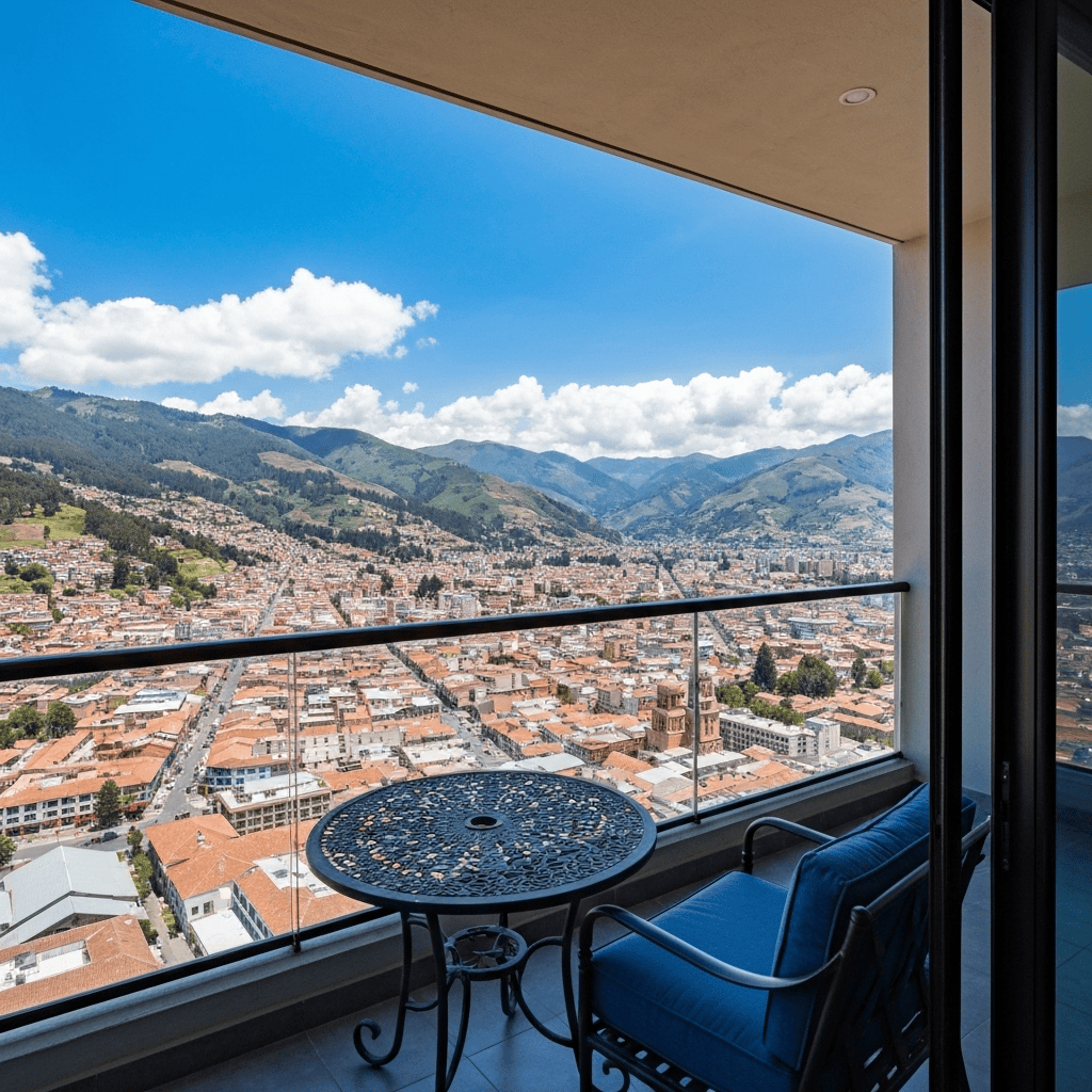 High-rise condo balcony with panoramic mountain views.